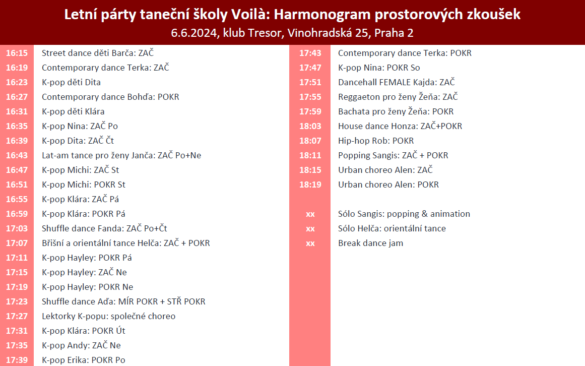 Harmonogram prostorovek